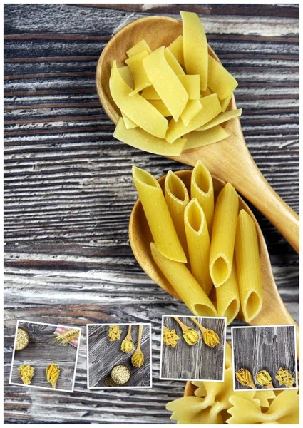 Italiaanse Macaroni Pasta Ongekookt Collage — Stockfoto