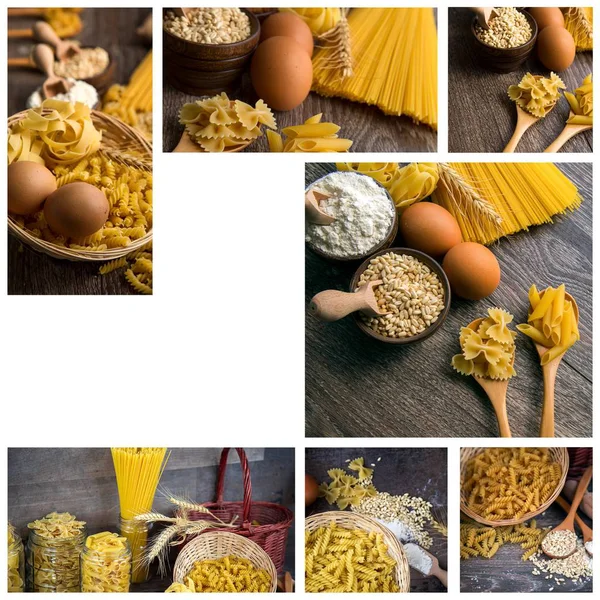 Italiaanse Macaroni Pasta Ongekookt Collage — Stockfoto