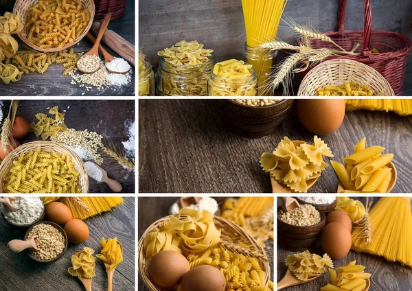 Italiaanse Macaroni Pasta Ongekookt Collage — Stockfoto