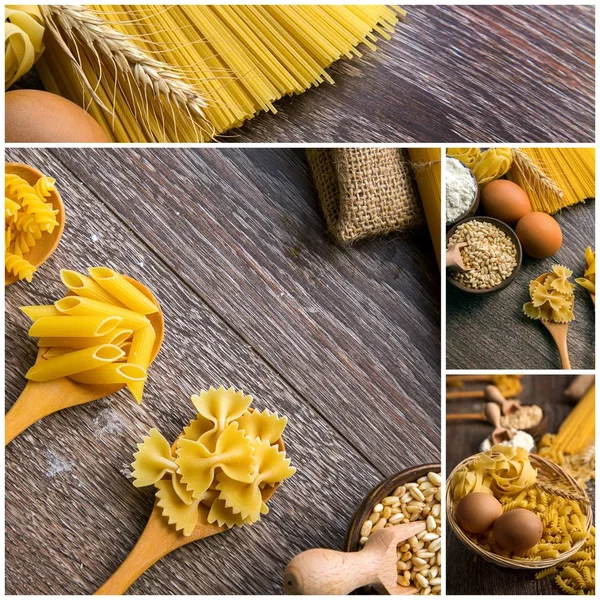 Italiaanse Macaroni Pasta Ongekookt Collage — Stockfoto