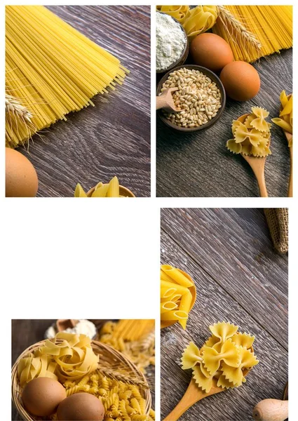 Italiaanse Macaroni Pasta Ongekookt Collage — Stockfoto