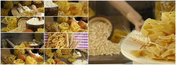 Italiaanse Macaroni Pasta Ongekookt Collage — Stockfoto