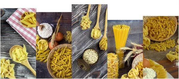 Italiaanse Macaroni Pasta Ongekookt Collage — Stockfoto