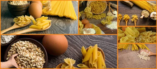 Italiaanse Macaroni Pasta Ongekookt Collage — Stockfoto