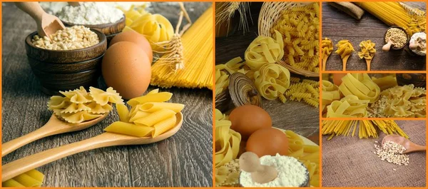 Italiaanse Macaroni Pasta Ongekookt Collage — Stockfoto