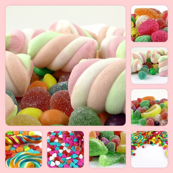 お菓子の甘いキャンディーの甘いコラージュ写真 — ストック写真