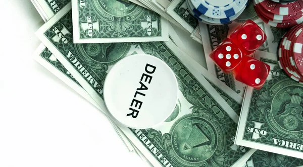 Red Dices Money Chips Gambling Cards Photo — Stock Photo, Image