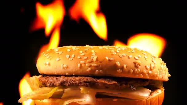 Delicious Meat Hamburger Fire — Stock Video