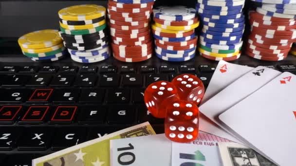 Gambling Poker Cards Dices Chips Toolswinning Games Which Has Lots — Stock Video