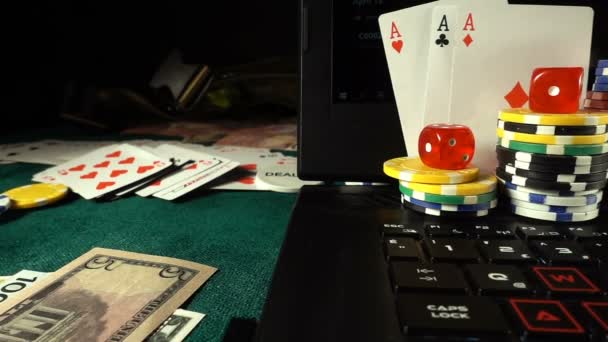 Азартні Ігри Покер Карти Кубики Чіпси Вигравши Ігор Який Має — стокове відео