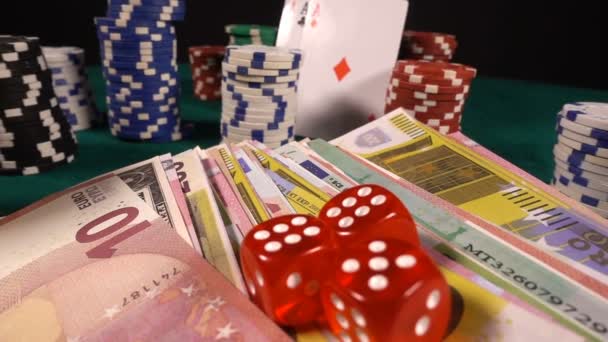 Gokken Poker Kaarten Dices Chips Toolswinnende Games Die Veel Risico — Stockvideo