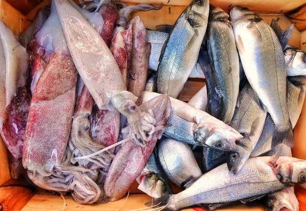 Alimentos para peixes em um carrinho de mercado de peixe — Fotografia de Stock