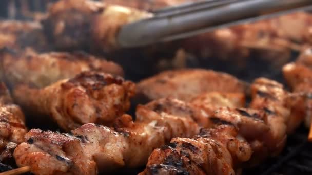 Ψήσιμο Κρέατος Στο Κάρβουνο Φωτιά Μπάρμπεκιου — Αρχείο Βίντεο