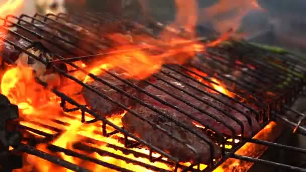 Kött Matlagning Kol Eld Grill — Stockvideo
