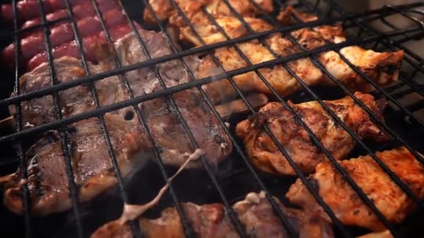 Vleesbereidingen Kolen Vuur Barbecue — Stockvideo