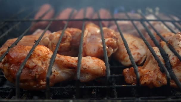 Cuisson Viande Sur Barbecue Feu Charbon — Video