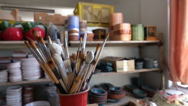 Painting Brushes Ceramic Workshop — Stock Video