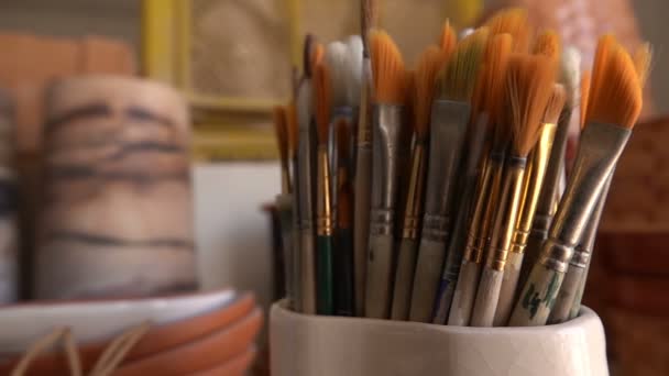 Painting Brushes Ceramic Workshop — Stock Video