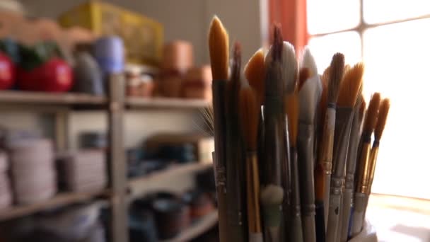 Painting Brushes Ceramic Workshop — Stock Video