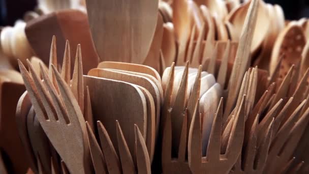 Handmade Wooden Forks Spoons — Stock Video