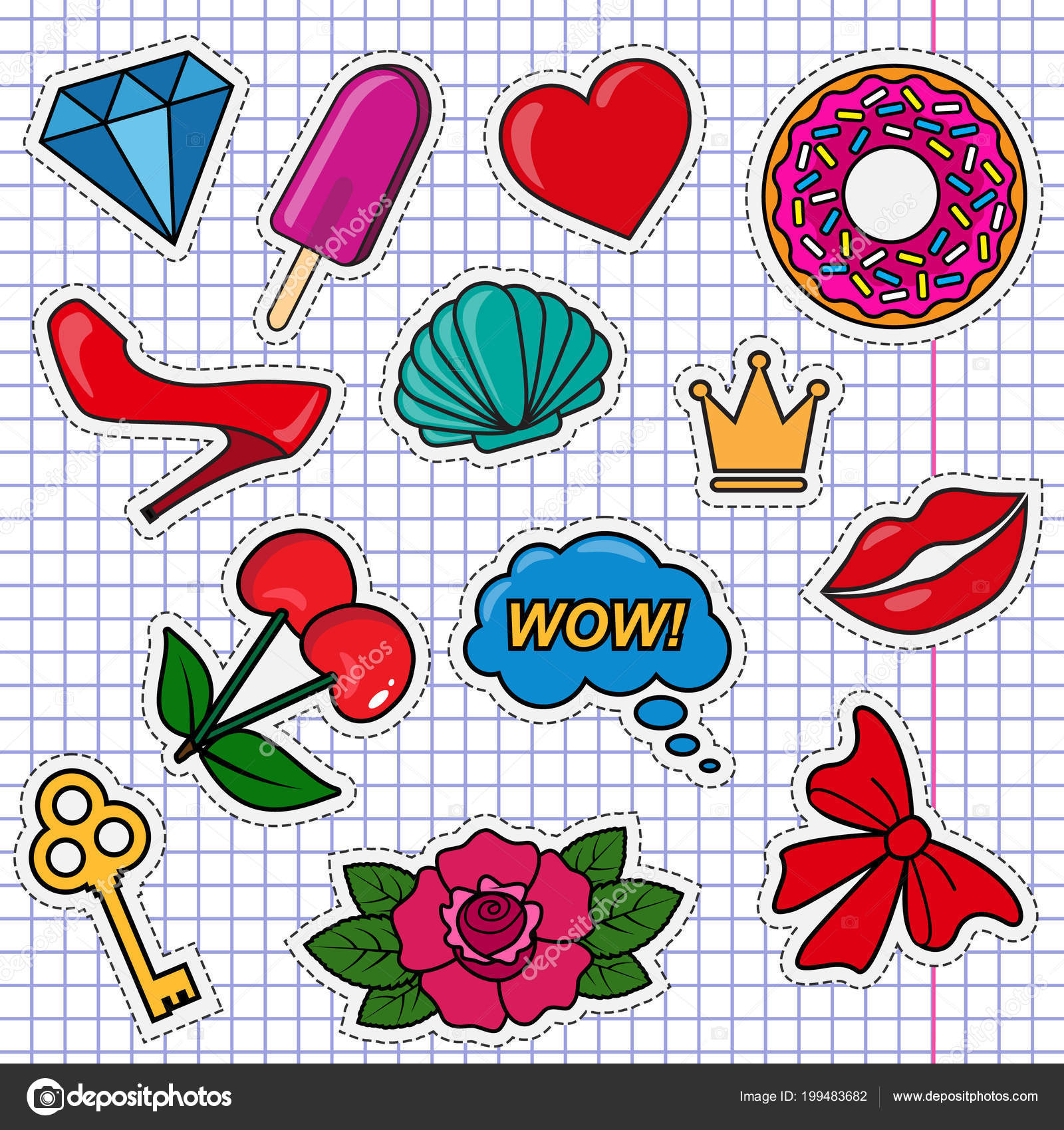 Vector set of cute colored girly stickers Stock Vector by ©roomoftunes  199483682