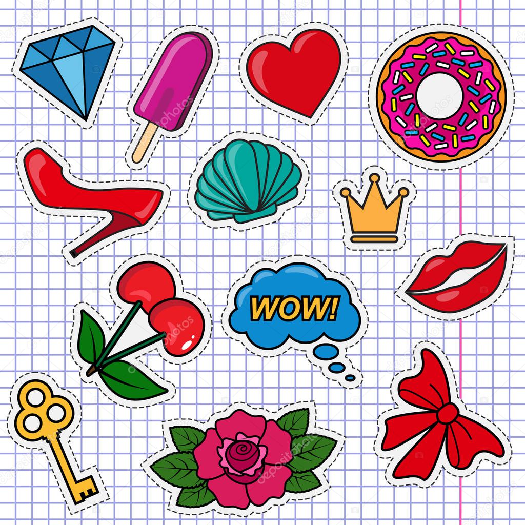 vector set of cute colored girly stickers