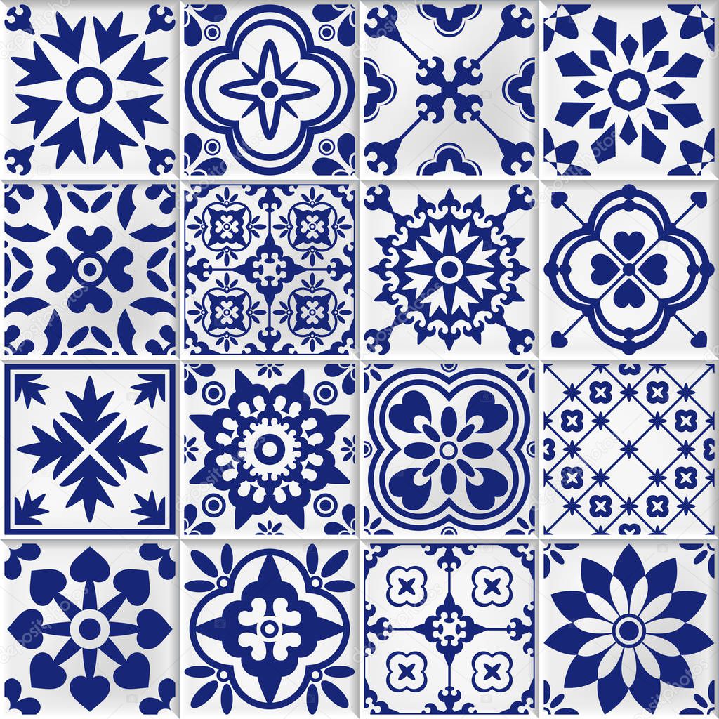 vector collection of  white and blue bmosaic tiles in oriental style