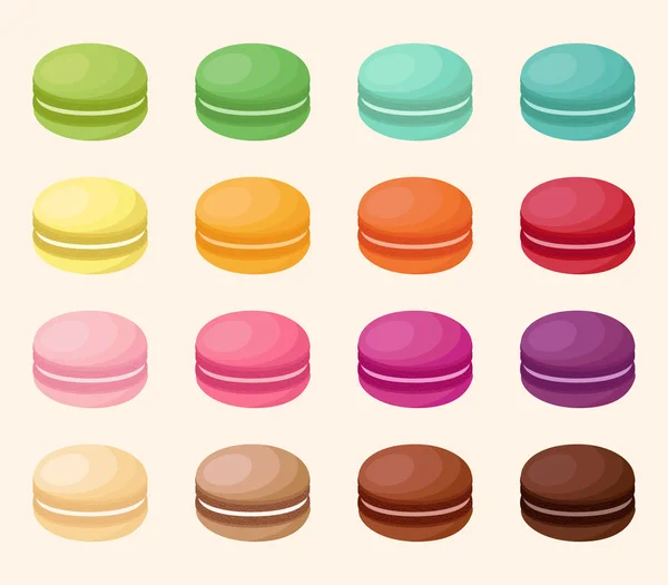 Vector collection of golored french macarons with different flavors — Stock Vector