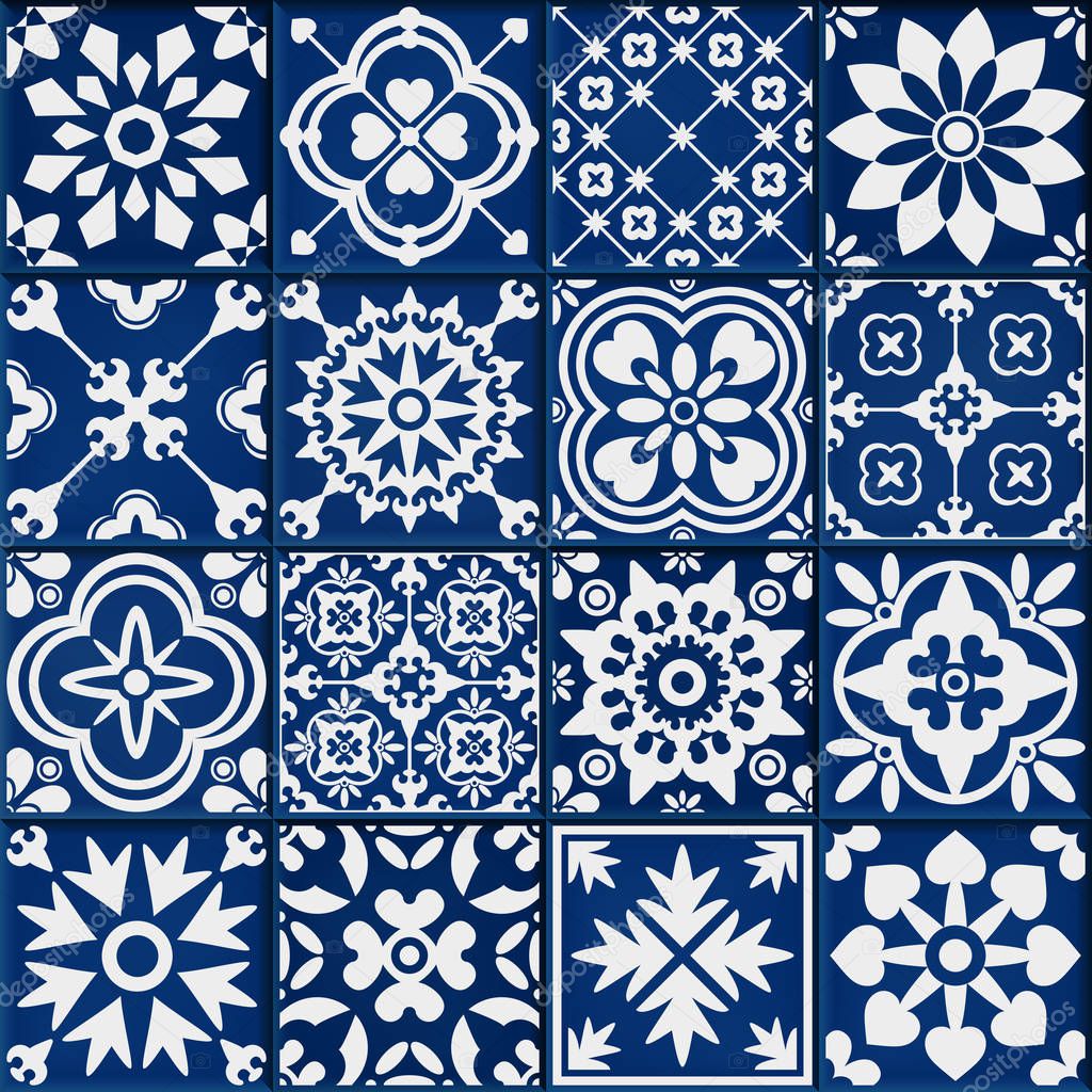 vector collection of  white and blue bmosaic tiles in oriental style