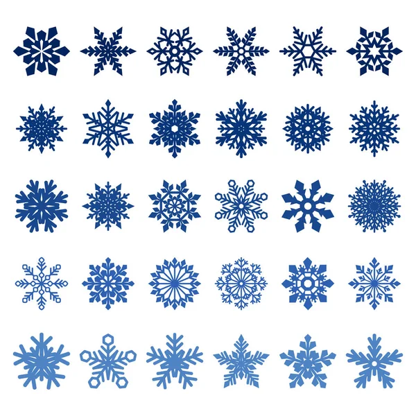 Beyaz zemin üzerine mavi vektör kar taneleri topluluğu — Stok Vektör