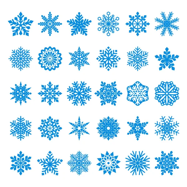 Beyaz zemin üzerine mavi vektör kar taneleri topluluğu — Stok Vektör
