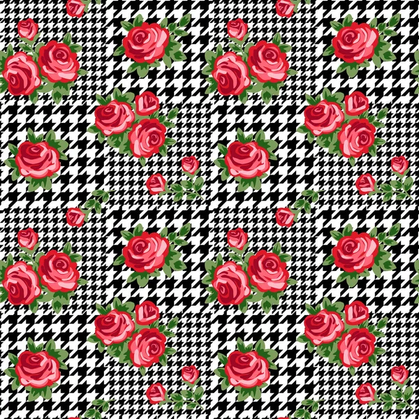Vector houndstooth seamless black and white pattern with red retro roses — Stock Vector