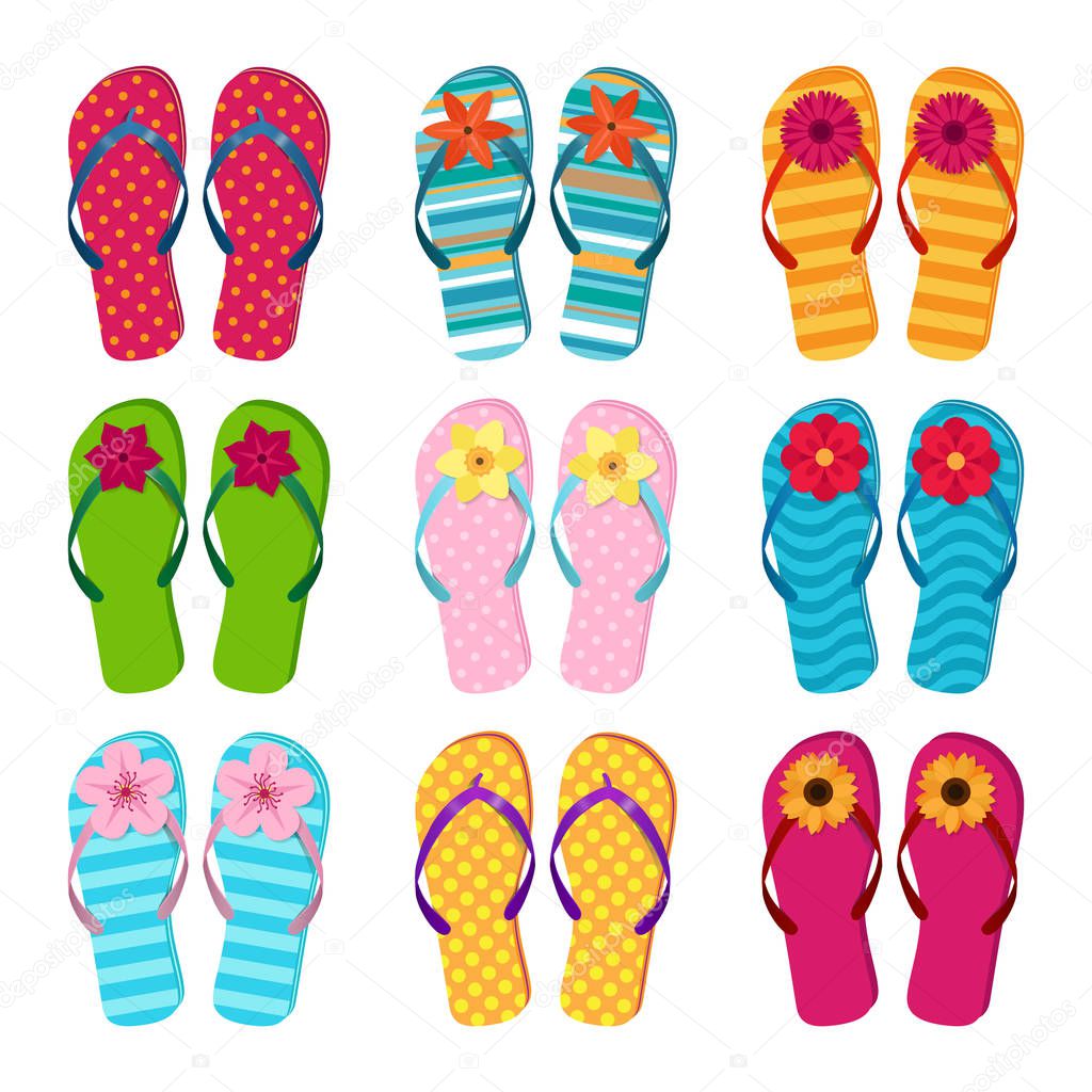 vector collection of colored summer flop flops