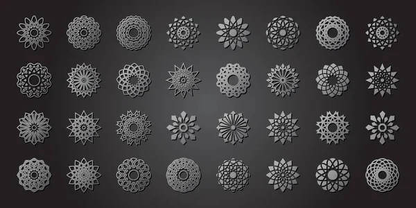 Vektorová sbírka stříbrných orientálních květů na šedém pozadí — Stockový vektor