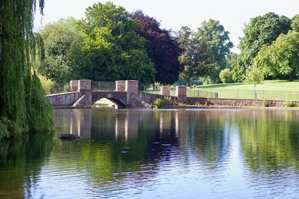 11 Temmuz 2020 - St Albans, İngiltere: Köprü ve ağaçlarla Verulam Park 'ta göl