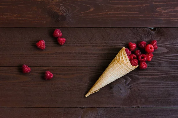 Cascade Fresh Raspberries Waffle Cone Ice Cream Brown Background Cafe — Stock Photo, Image