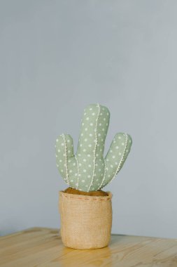 Bej grisi bir arka plan üzerinde bir tencerede yumuşak dekoratif kaktüs. Kopyalama alanı