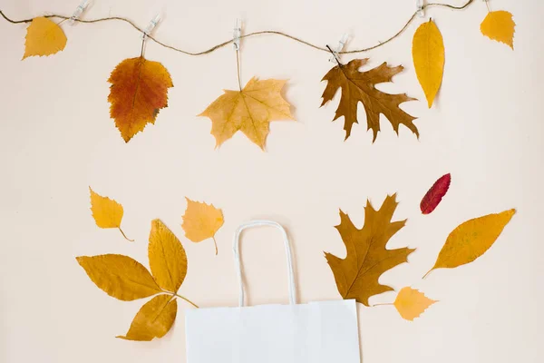 Shopping white paper bag with fallen leaves peeking out of it, isolated on beige background, autumn sales and discounts. Fallen leaves vist the thread on primako. Copy space