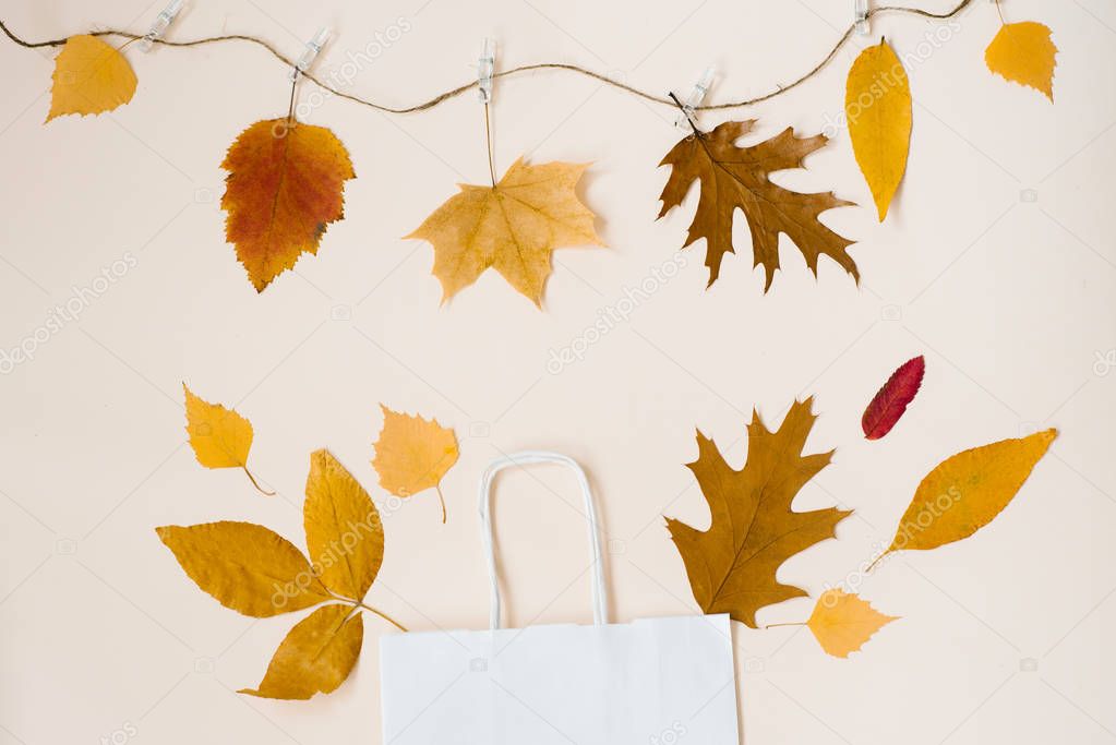 Shopping white paper bag with fallen leaves peeking out of it, isolated on beige background, autumn sales and discounts. Fallen leaves vist the thread on primako. Copy space