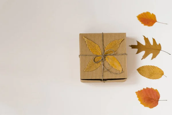 Ambachtelijke Gift Box Gebonden Met String Met Een Boog Herfst — Stockfoto