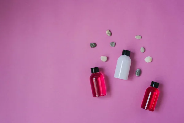 Zusammensetzung Aus Kleinen Reiseflaschen Für Kosmetik Duschgel Shampoo Sowie Haarbalsam — Stockfoto