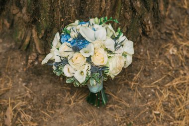 sonbahar sarı çim üzerinde beyaz ve mavi Gelin buketi