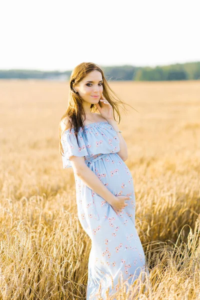 Eine Schwangere Frau Einem Blauen Langen Kleid Hält Ihre Hand — Stockfoto