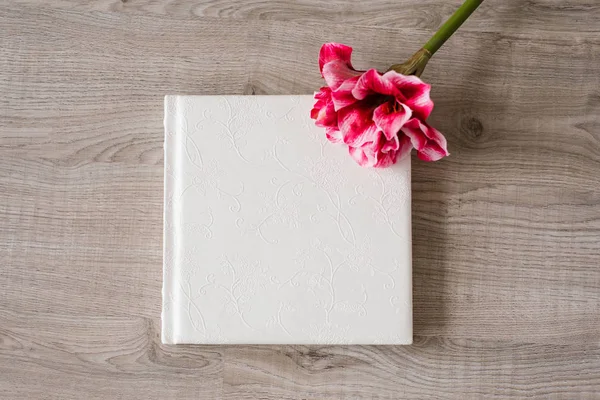 Wedding photo book in lace leather cover on beige background and bright pink flower next to it