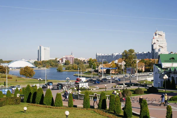 Minszk Fehéroroszország 2019 Augusztus Panorámás Kilátás Svisloch Folyóra Troitskoe Presztízsre — Stock Fotó