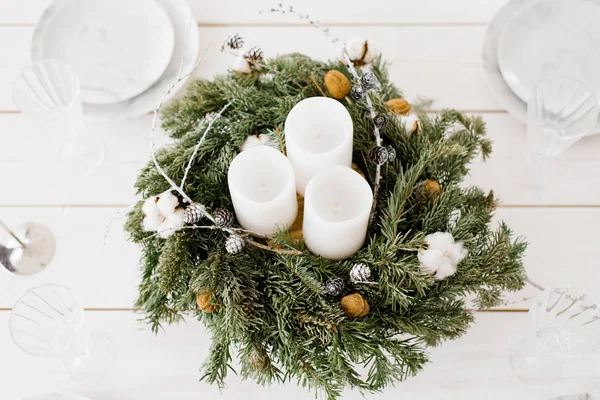 Christmas Tree Wreath White Candles Lying Table Christmas Decor Bright — Stock Photo, Image