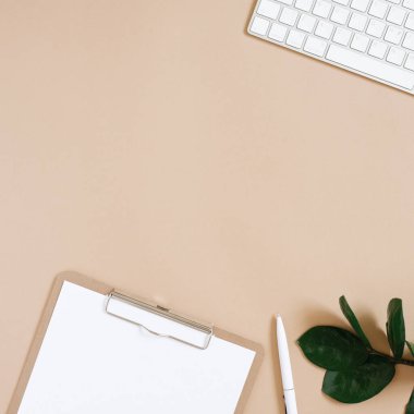 Daire ev ofisinin çalışma yerinde yatıyordu. Ofis malzemeleri: klavye, fare, kalem, tablet, temiz bir kağıt ve bir dal zamiokulka. Boşluk kopyalanıyor. En küçük düz biçim