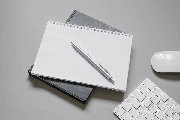 Cuadernos Diarios Con Una Página Blanco Bolígrafo Encima Ellos Lugar — Foto de Stock
