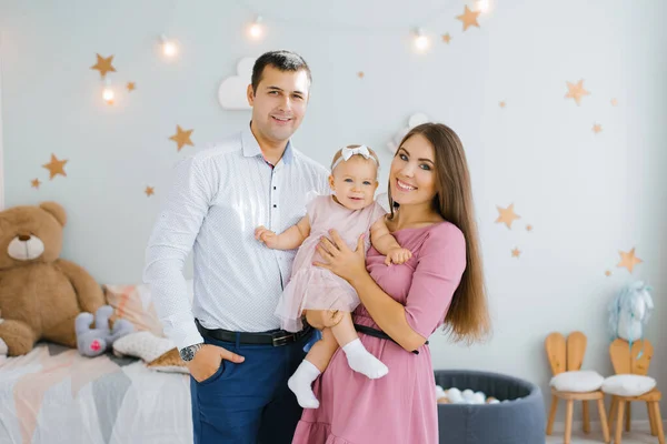 Happy Family Little Daughter Smiling Children Room — Stock Photo, Image