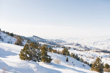 Güneşli havada karla kaplı karlı yamaçlar. Beldersay kayak merkezinin dağlarında kış manzarası